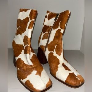 Steve Madden Nara Cow Hair Upper Women Block Heel Brown Boots